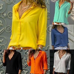 Summer Women Chiffon Blouse Lady Office Shirts Casual Long Sleeve Work Wear Tops