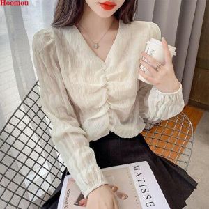 Alma women clothing Chic Korean Women V-neck Puff Sleeve Ruched Party Club Cropped Tops Blouse Shirt